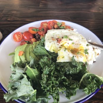 Cafe Smitten - The warm quinoa bowl- red quinoa topped with kale, avocado, tomato, sweet potato, feta, and an egg. Perfect portion size! - Coffee & Tea Near Me - Bakersfield, California
