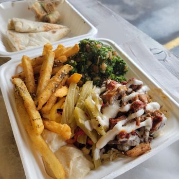 Beirut Street Food - a sandwich and french fries in a styrofoam container - Donairs Near Me - Calgary, Alberta