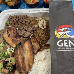 We ordered to go. This is four meat+3 sides meal - comes with Japchae and rice. We love in person more, but this does it in a pinch! We ordered to go. This is four meat+3 sides meal - comes with Japchae and rice. We love in person more, but this does it in a pinch!