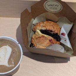 Triple hojicha latte with oat milk + fresh scone with butter and housemade blackberry jam Triple hojicha latte with oat milk + fresh scone with butter and housemade blackberry jam