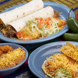 Rudy's Tacos - Two sanchos, a hard shell taco, a loaded cheese crisp, and some cheesy rice and beans