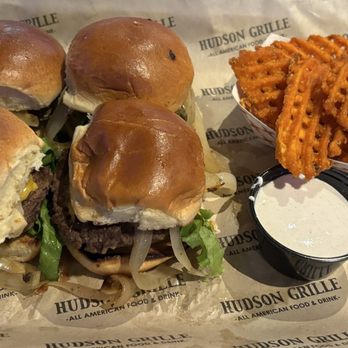 Hudson Grille- Kennesaw - The Hudson Sliders with Sweet Potato Fries and Marshmallow Sauce - American Near Me - Kennesaw, Georgia Hudson Grille- Kennesaw - The Hudson Sliders with Sweet Potato Fries and Marshmallow Sauce - American Near Me - Kennesaw, Georgia