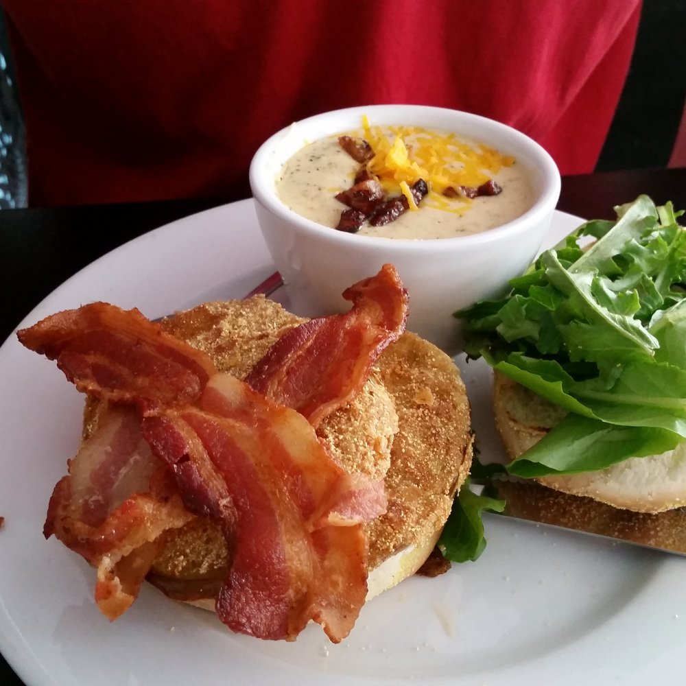 Mama's Boy - Fried green tomato sandwich with broccoli cheddar soup - Southern Near Me - Athens, Georgia Mama's Boy - Fried green tomato sandwich with broccoli cheddar soup - Southern Near Me - Athens, Georgia