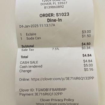Strawberry Bakery Cafe - Receipt for eclair - Bakeries Near Me - Dover, Florida