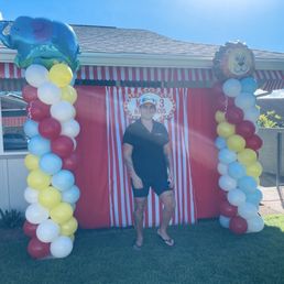 Large columns on metal poles with stand to keep in place. Mylar balloons topped with elephant and lion for our circus theme. Mahalo Philip!