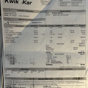 Kwik Kar - This is the most recent invoice. Look at the price difference for the same Sensor. - Oil Change Stations Near Me - Plano, Texas Kwik Kar - This is the most recent invoice. Look at the price difference for the same Sensor. - Oil Change Stations Near Me - Plano, Texas