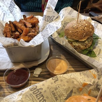 Bareburger - Edgewater - Basket of sweet potato fries. Build your own: sweet potato,kale patty with sprout bun, spinach and pickles. - Burgers Near Me - Edgewater, New Jersey