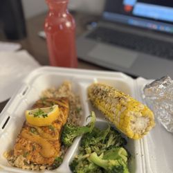 Trap Fusion - Blackened Salmon Memphis Street Corn Grilled Broccoli Juice Mane