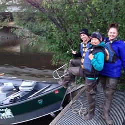 Kenai Cache Outfitters - Waders and life jackets on! Ready to head out on the little drifter boat