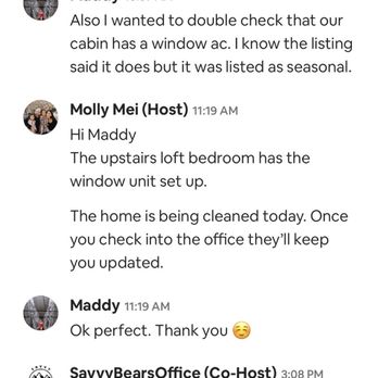 Savvy Bears - Message confirming air unit working - Vacation Rentals Near Me