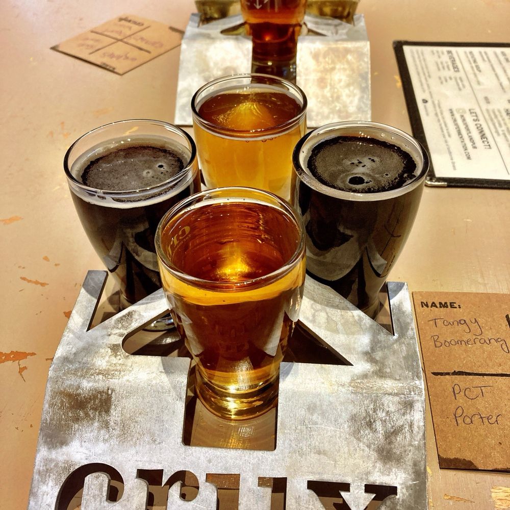 Crux Fermentation Project - Beer flights in their cool taster trays. - Brewpubs Near Me - Portland, Oregon