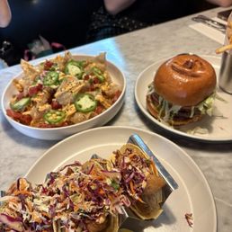 crispy fish tacos, cheese burger and wonton nachos crispy fish tacos, cheese burger and wonton nachos