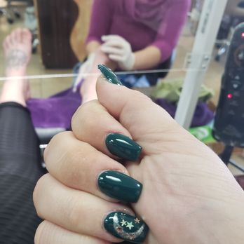 I Love Nails - Teal square coffin with silver moon and stars by Lani - Nail Salons Near Me - Corona, California