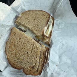 Sausage, egg, and cheese on wheat toast Sausage, egg, and cheese on wheat toast