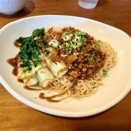 Dan Dan noodles came with a side of broth Dan Dan noodles came with a side of broth