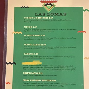 Las Lomas - a menu for a mexican restaurant - Mexican Near Me - Dyersburg, Tennessee