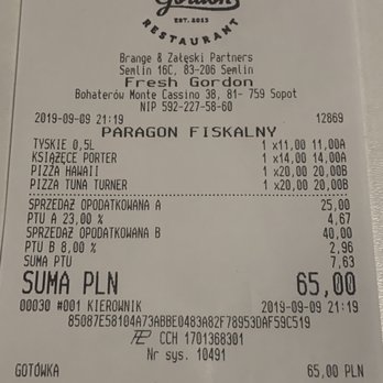 Fresh Gordon - Cheque - Pizza Near Me - Sopot, PM