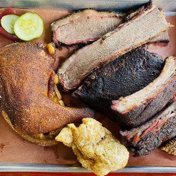 Home Team BBQ - Three Meat Combo Platter of 1/4 Chicken, Ribs, & Brisket with Cracklins. - Barbeque Near Me - Charleston, South Carolina