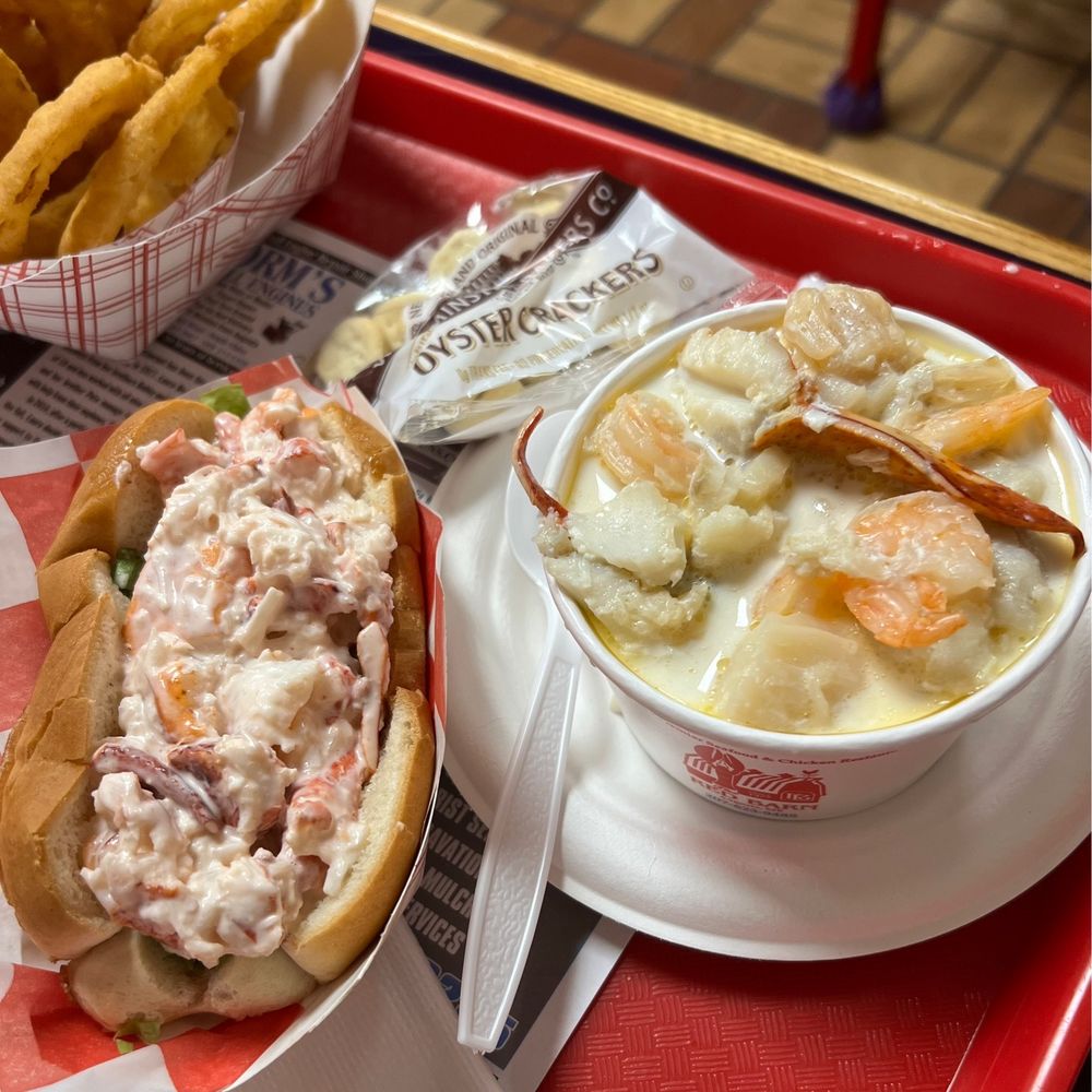 The Red Barn - The lobster roll, the stew, and homemade onion rings in the top corner. - Seafood Near Me - Augusta, Maine The Red Barn - The lobster roll, the stew, and homemade onion rings in the top corner. - Seafood Near Me - Augusta, Maine