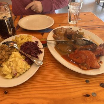 Bodensee Restaurant - Sampler with 6 meats and 4 sides. Way more food than two people should eat in a sitting but every bite delicious. - German Near Me - Helen, Georgia