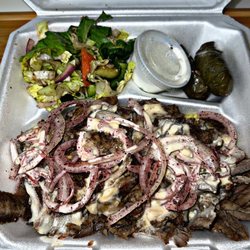 Bateeni - beef shawarma plate, grape leaves, and Mediterranean salad.