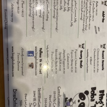 Bing's Boba Tea - Back of menu - Bubble Tea Near Me - Tucson, Arizona