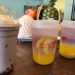Paradise Boba Tea - Coconut shake with taro & boba. 2 butterfly teas with lemonade. The lemonade taste like freshly squeezed lemons. All were refreshing.