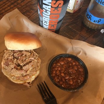 Mission BBQ - Pulled chicken sandwich and baked beans (baked with brisket omg)!!! - Barbeque Near Me - Harrisburg, Pennsylvania
