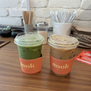 Nook Coffee Bar - Matcha latte with oat milk and honey oat latte - Coffee & Tea Near Me - Costa Mesa, California Nook Coffee Bar - Matcha latte with oat milk and honey oat latte - Coffee & Tea Near Me - Costa Mesa, California