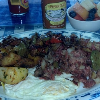 Sara's Kitchen - Corned beef hash, O'Brien style potatoes, and two eggs. Fruit cup (no honeydew, nice!) and Pepperplant (bonus!). - American Near Me - Santa Clara, California Sara's Kitchen - Corned beef hash, O'Brien style potatoes, and two eggs. Fruit cup (no honeydew, nice!) and Pepperplant (bonus!). - American Near Me - Santa Clara, California