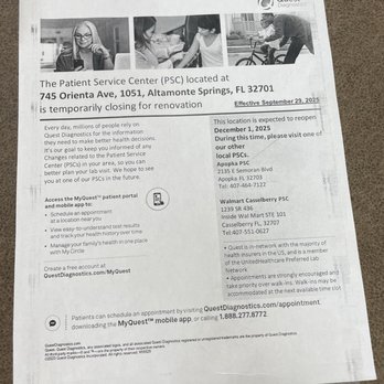 Quest Diagnostics - Information about when they will be closing for renovations. September 29 - December 1,2025. - Laboratory Testing Near Me - Altamonte Springs, Florida Quest Diagnostics - Information about when they will be closing for renovations. September 29 - December 1,2025. - Laboratory Testing Near Me - Altamonte Springs, Florida