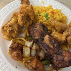 Hong Kong Buffet - Sesame chicken, wings and chicken on a stick