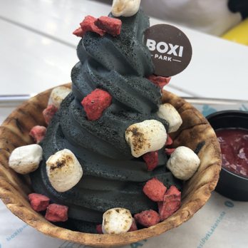 Boxi Park - Black out ice cream with strawberry sauce on the side - Bars Near Me - Orlando, Florida Boxi Park - Black out ice cream with strawberry sauce on the side - Bars Near Me - Orlando, Florida