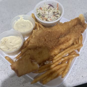 Barrel House - Fish/Chips mediocre at best - A serving of fried fish with French fries, coleslaw in a small bowl, and two cups of tartar sauce on a white tray. - American Near Me - Bloomington, Illinois