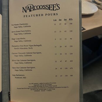Narcoossee's - Menu wine - New American Near Me - Lake Buena Vista, Florida