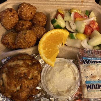 Richard's Fish and Crabs - Crab cake platter with Tomato Cucumbersalad and Hush Puppies - Seafood Near Me - Bel Air, Maryland