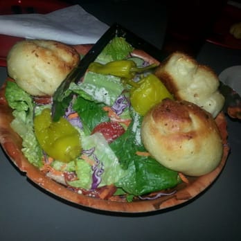 Home Slice Pizza - House salad with garlic knobs - Pizza Near Me - Austin, Texas Home Slice Pizza - House salad with garlic knobs - Pizza Near Me - Austin, Texas