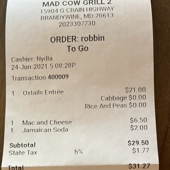 Mad Cow Grill - Brandywine - Receipt - American Near Me - Brandywine, Maryland Mad Cow Grill - Brandywine - Receipt - American Near Me - Brandywine, Maryland