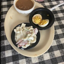 Macaroni Salad with ranch dressing, pinto beans, deviled eggs
