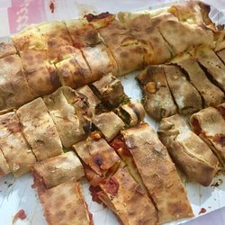 Squitty di Cintoli Battista Maria - Scaccia in front with onion, red sauce & parmesan cheese and ricotta and sausage in the back.