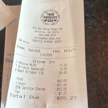 Twin Smokers Bbq - receipt - Barbeque Near Me - Atlanta, Georgia Twin Smokers Bbq - receipt - Barbeque Near Me - Atlanta, Georgia