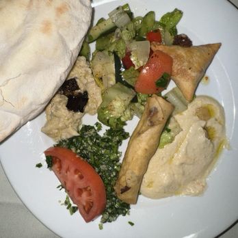 Marib Restaurant - hummus fattoush salad baba ghannouge sambousick cheese sambousick veggie pita bread and tabbouleh - Middle Eastern Near Me - Fredericksburg, Virginia
