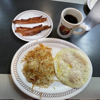 Waffle House - 3 eggs over medium & hash browns scattered w/ bacon & hold the toast plate, coffee & ice water. - Diners Near Me - Gainesville, Florida Waffle House - 3 eggs over medium & hash browns scattered w/ bacon & hold the toast plate, coffee & ice water. - Diners Near Me - Gainesville, Florida