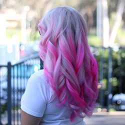 Samuel Van Hair Design - There are actually 6 colors in here. Root has blonde violet, with Balayage of silver metal, lavender, light pink, rose pink, magenta.