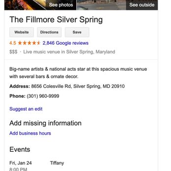 The Fillmore - Look what event is happening on 1/24. Tiffany. Look who cancelled: Tiffany. Look who's keeping our money. Fillmore. - Music Venues Near Me - Silver Spring, Maryland The Fillmore - Look what event is happening on 1/24. Tiffany. Look who cancelled: Tiffany. Look who's keeping our money. Fillmore. - Music Venues Near Me - Silver Spring, Maryland