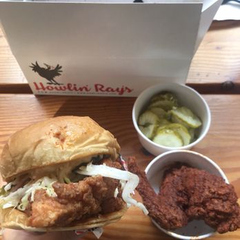 Howlin' Ray's - Mild chicken sandwich, medium wing, and extra pickles - Southern Near Me - Los Angeles, California