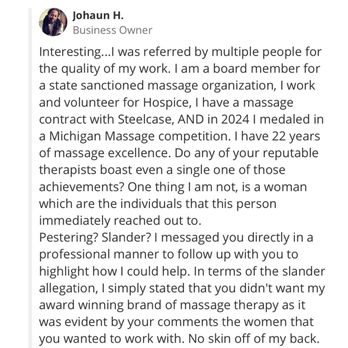Be Balanced Bodywork - Johaun's unhinged first response to my review - Massage Therapy Near Me - Grand Rapids, Michigan