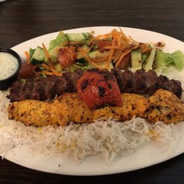 Cholo Vaziri - one skewer of juicy chicken and one skewer of seasoned ground beef, served with basmati rice