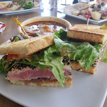 El Cajon Bistro & Bakery - Grilled Seared Ahi Tuna Sandwich with a side of chicken Tortilla Soup - American Near Me - El Cajon, California El Cajon Bistro & Bakery - Grilled Seared Ahi Tuna Sandwich with a side of chicken Tortilla Soup - American Near Me - El Cajon, California