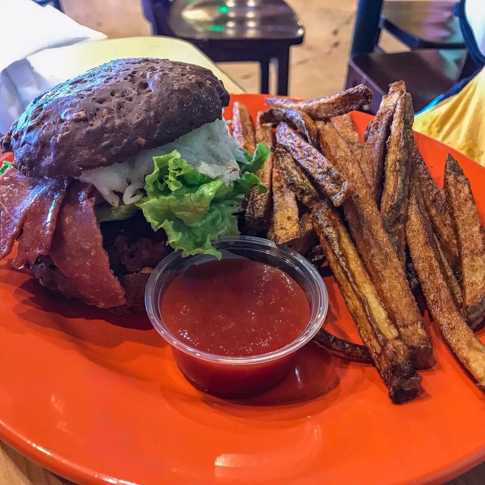 Annapurna's - The ABLT. A hearty sandwich/burger with delicious fries. - Vegetarian Near Me - Santa Fe, New Mexico Annapurna's - The ABLT. A hearty sandwich/burger with delicious fries. - Vegetarian Near Me - Santa Fe, New Mexico